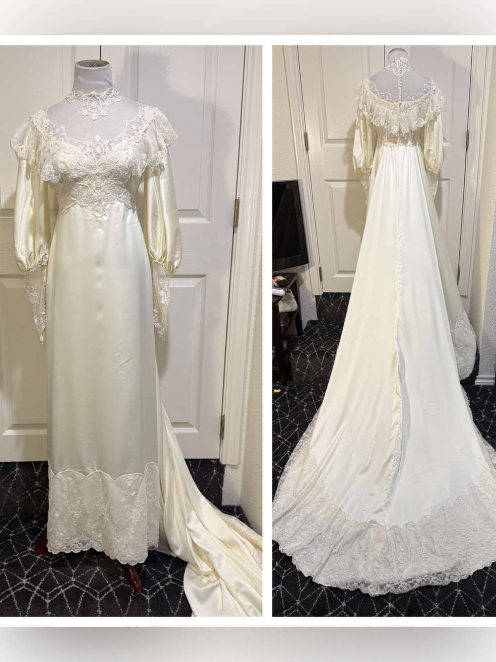 Vintage 70s William Cahill California High Neck Lace Wedding Dress Train